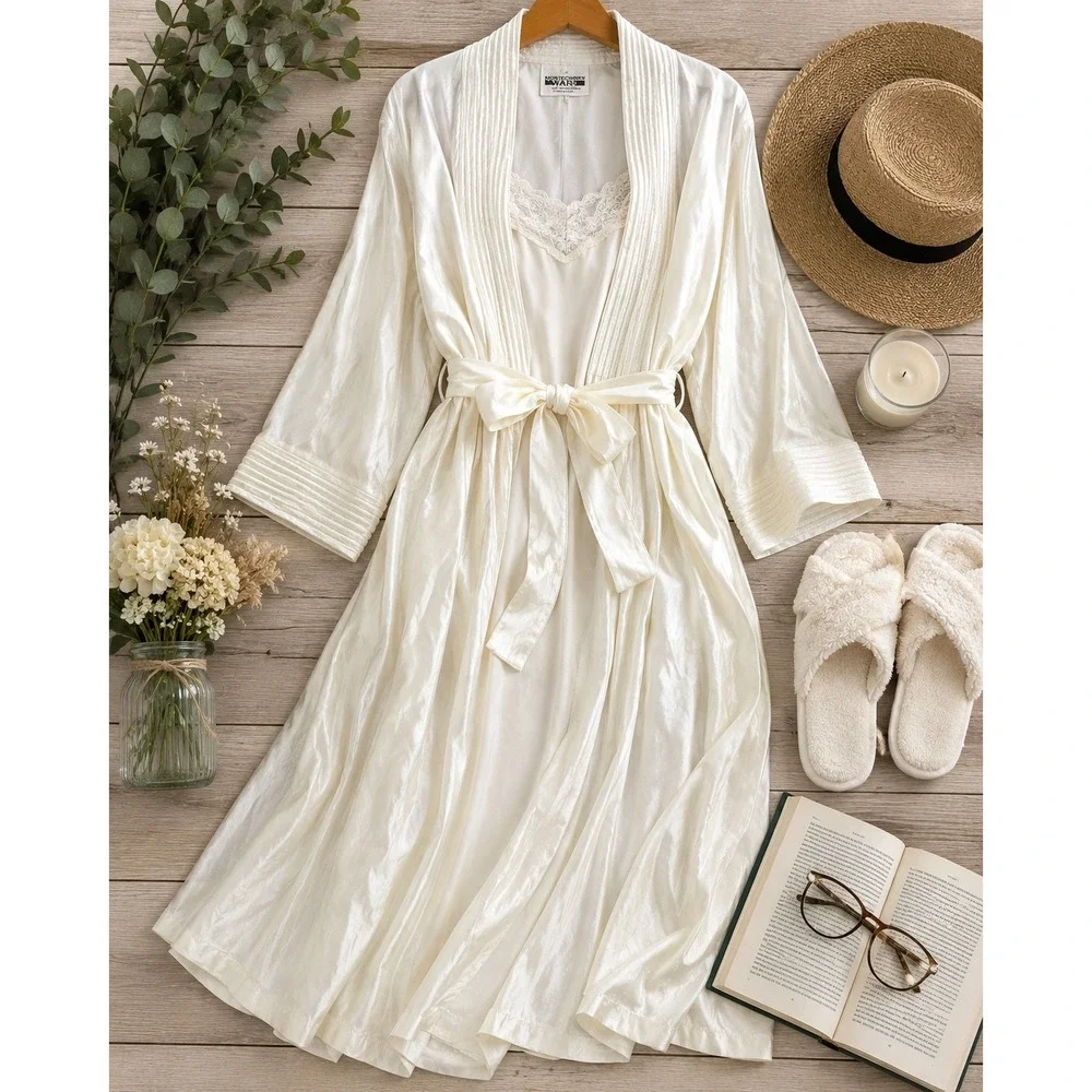 Vintage Montgomery Ward Ivory Satin Robe Long Peignoir Belted Bridal Lingerie